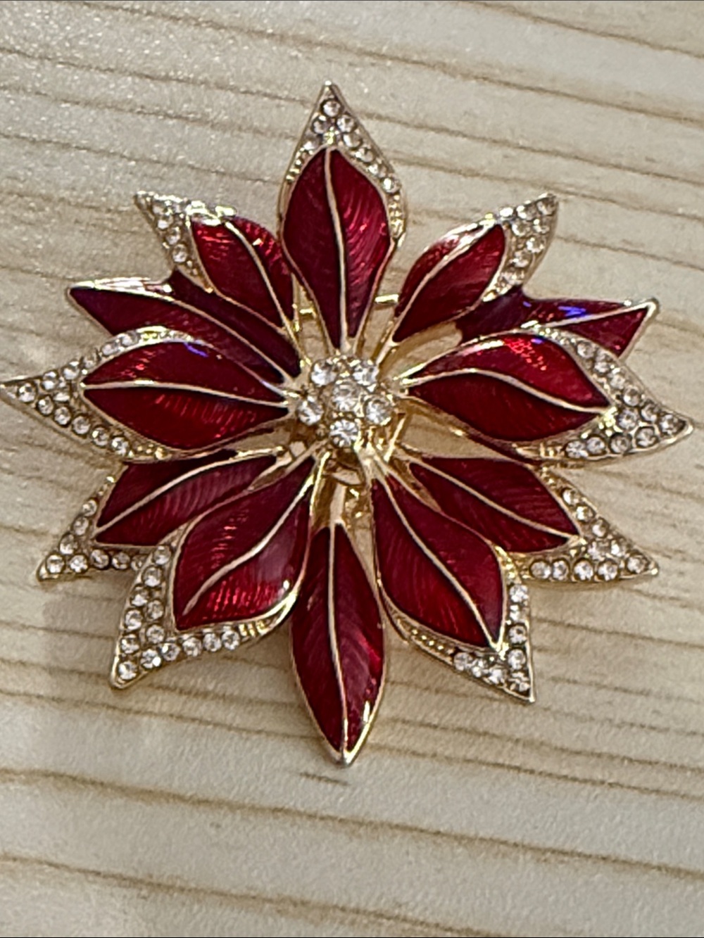 Napier Red and Gold Poinsettia Brooch with Crystal Accents